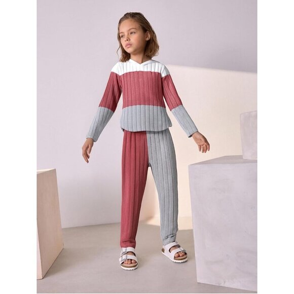 Toddler Kid Girls Clothes Ribbed Color Block Long Sleeve Hoodie Sweatsuit Set Fa - Picture 4 of 7
